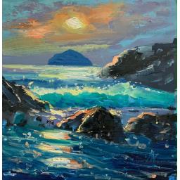 Turquoise Tide Ailsa Craig original oil painting with turquoise sea and rocky Scottish coastline