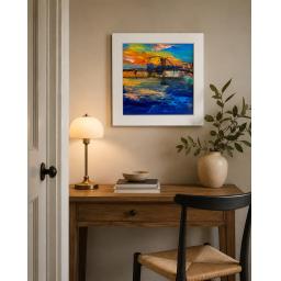 Electric Reflections The Clyde Arc Glasgow oil painting in white wooden frame