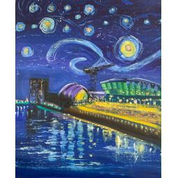 A Starry Night, Glasgow original painting showing Glasgow beneath a dramatic star-filled night sky