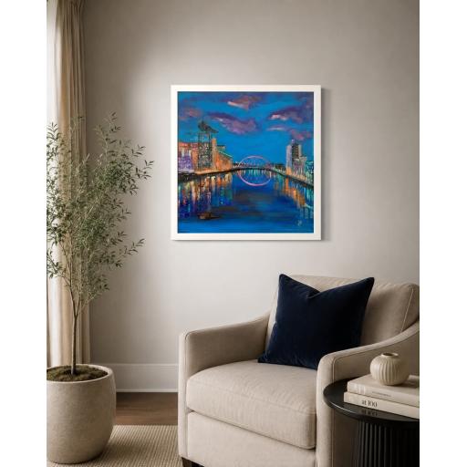 Electric Blue on the Clyde featuring Glasgow’s illuminated Clyde Arc over the River Clyde at night.