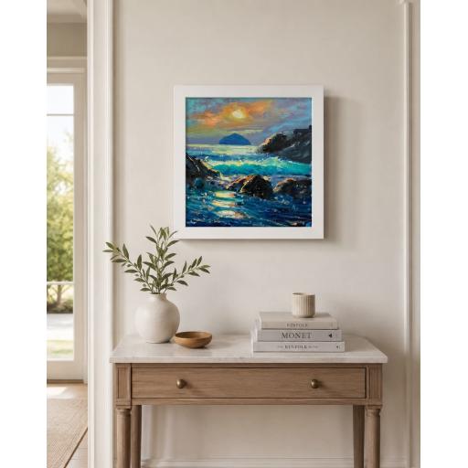 Turquoise Tide Ailsa Craig original oil painting in a white wooden frame
