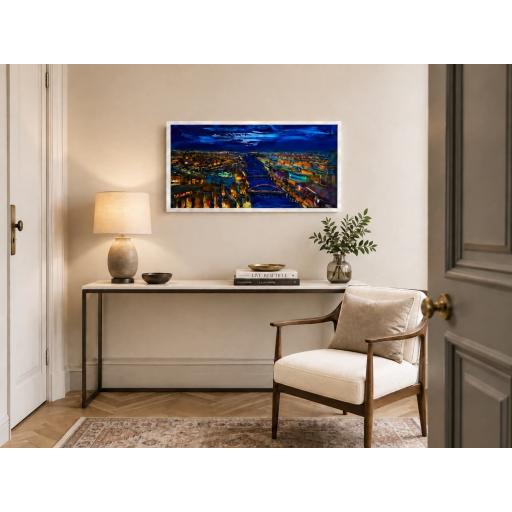 The Clyde Never Sleeps original Glasgow oil painting in a white wooden frame