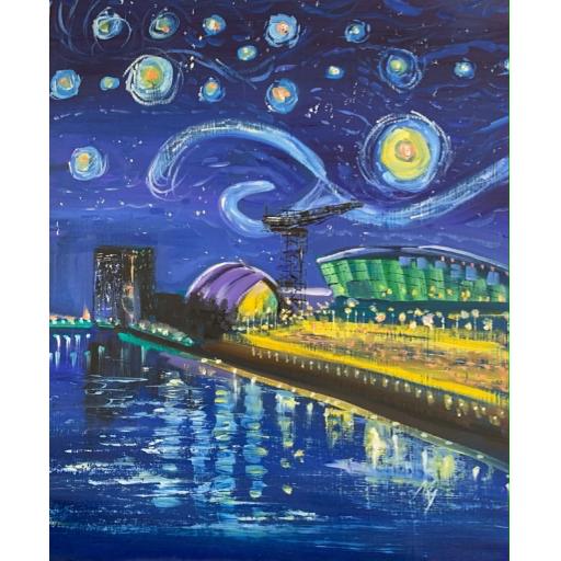 A Starry Night, Glasgow original painting showing Glasgow beneath a dramatic star-filled night sky