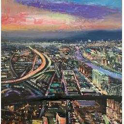 Michael Murphy Glasgow Between Light and Night painting of Glasgow at dusk