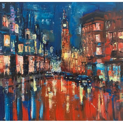 Michael Murphy's Tolbooth After Dark, Glasgow, 16 × 16 inch framed painting