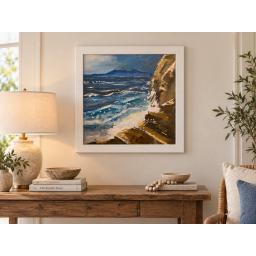 Wild Water, Isle of Arran by Michael Murphy, Scottish coastal painting framed in a white wood frame